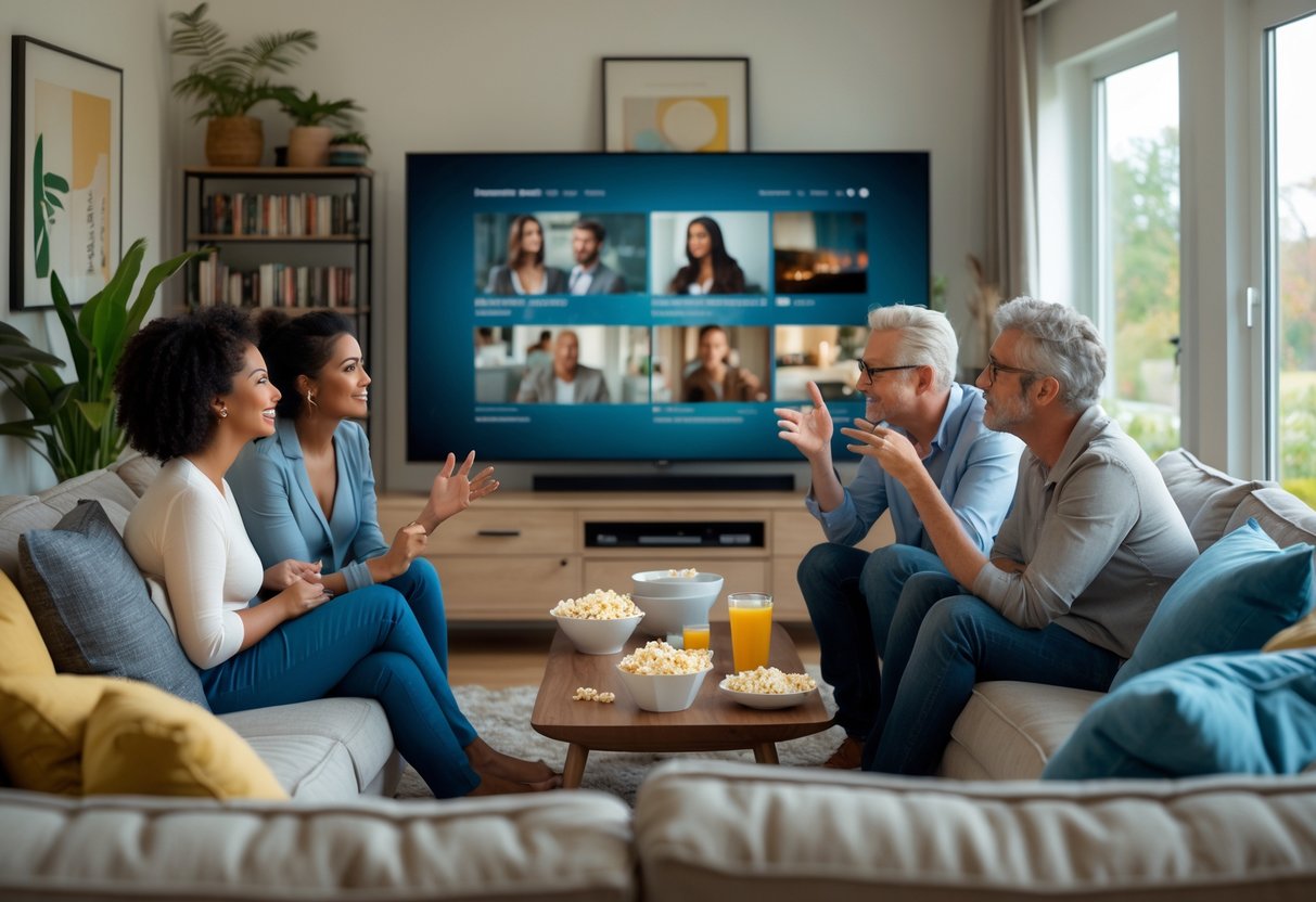 Three adults sitting in a living room watching a movie on TV, engaged in a thoughtful discussion.