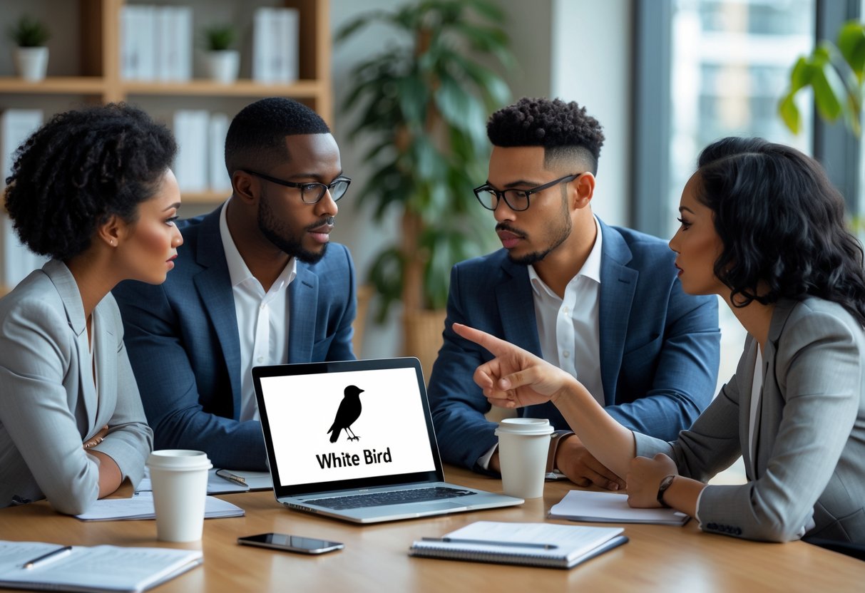 Four people in an office discussing a movie while looking at a laptop screen with a white bird silhouette.