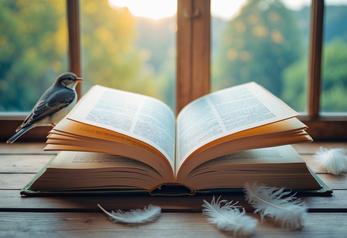 An open book on a wooden table near a window with a small bird perched nearby and trees visible outside.