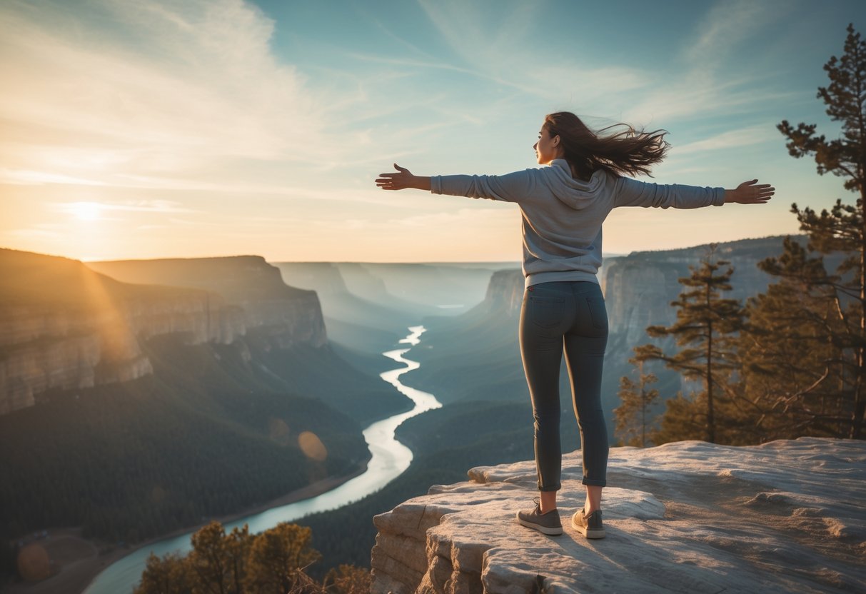 A young woman stands on a cliff with arms outstretched, overlooking a valley with mountains and a river at sunrise.