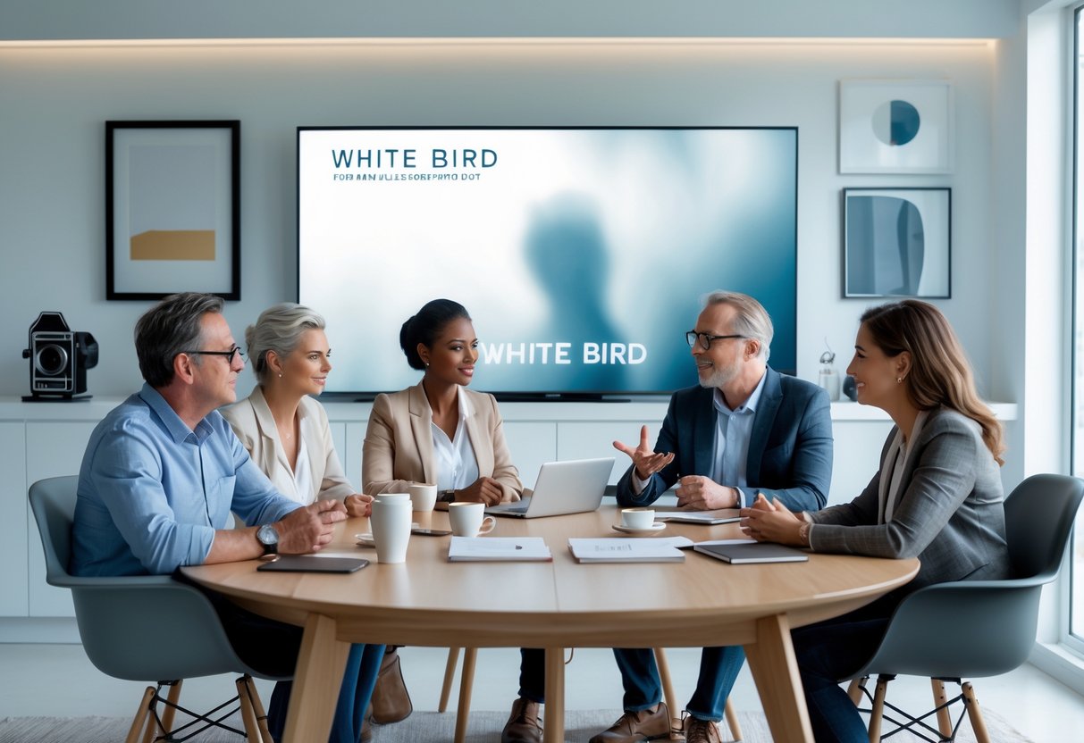 Four adults sitting around a table in a bright room, engaged in a thoughtful discussion with a blurred movie poster visible on a screen behind them.