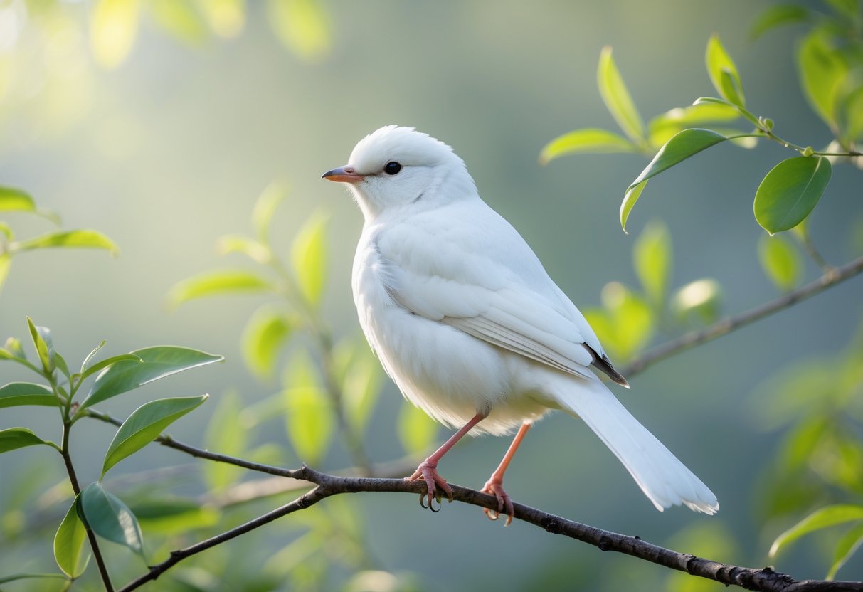 A white bird perched on a branch surrounded by green leaves in a natural outdoor setting.
