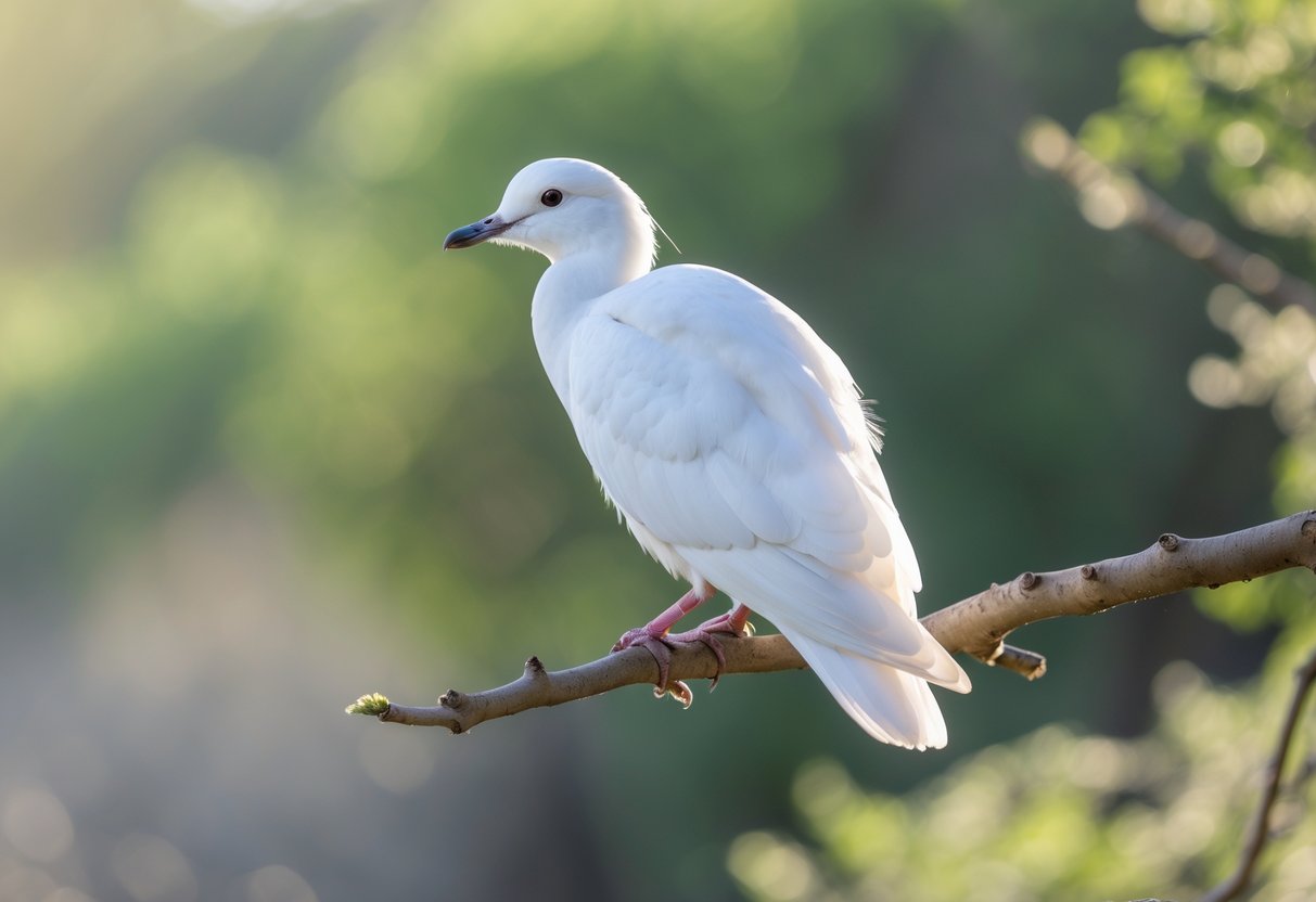 A white bird perched on a branch surrounded by green foliage.