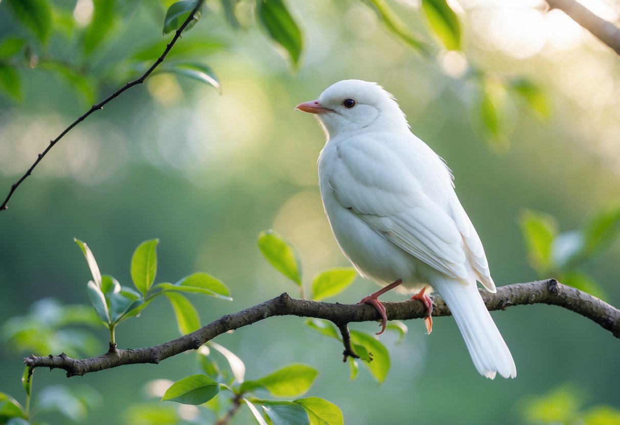 A white bird perched on a branch surrounded by green leaves and soft natural light.