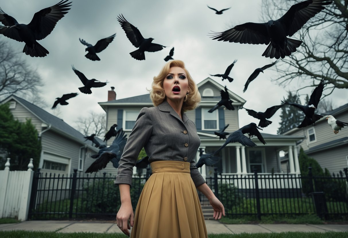 A frightened woman stands outside a suburban house surrounded by aggressive black birds flying and perched nearby.