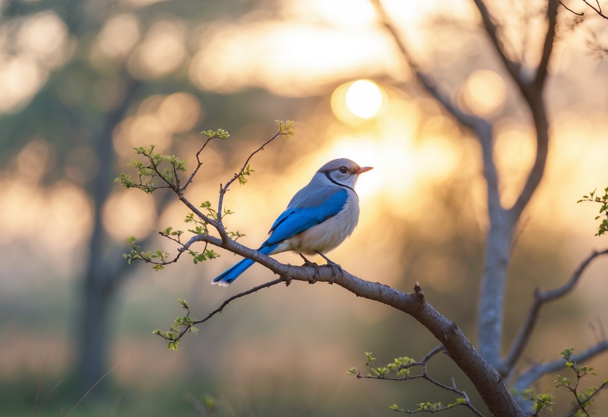 A bird perched on a tree branch at sunrise with a soft glowing sky in the background.