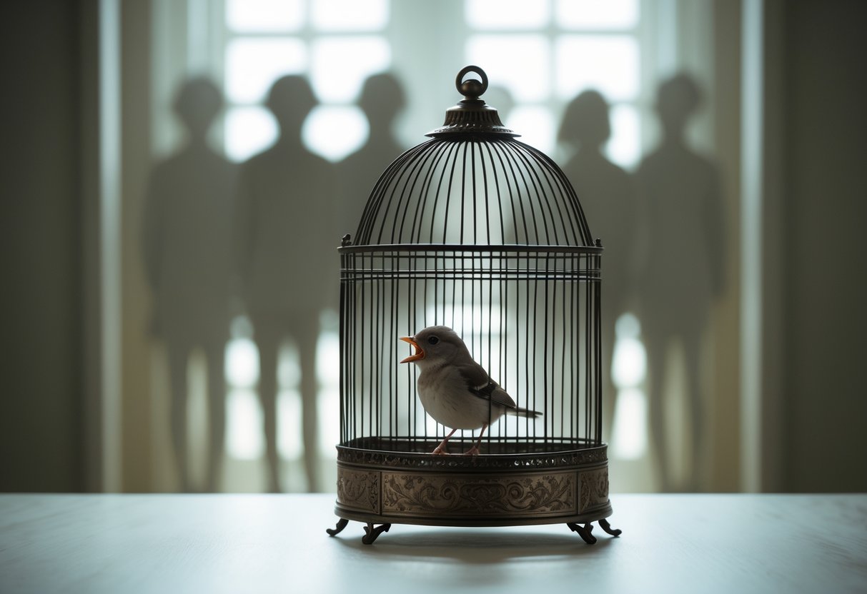 A small bird inside a vintage cage with its beak open as if singing, placed in a softly lit room with blurred human shadows outside the cage.