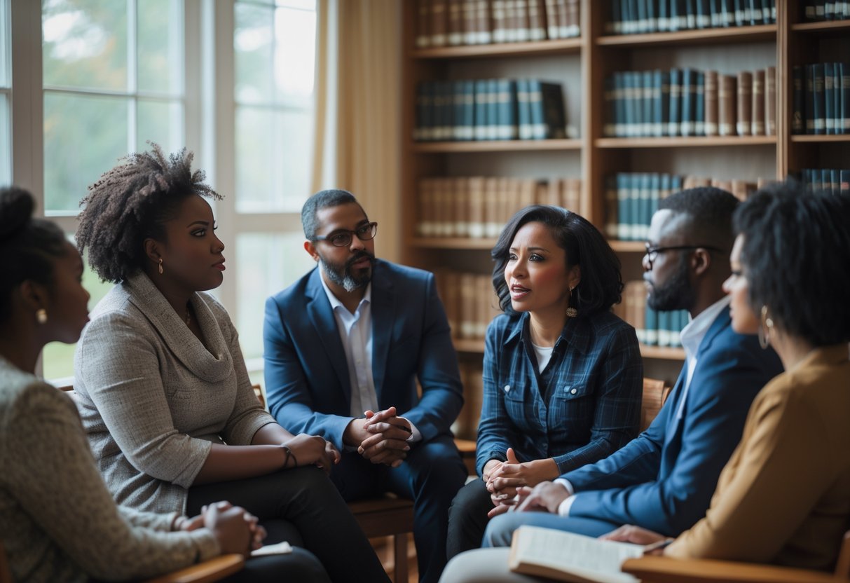 A group of adults in a library engaged in a serious discussion, with an African American woman speaking and others listening attentively.