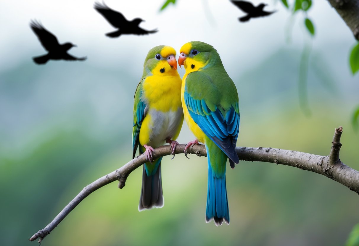 Two colorful lovebirds perched closely together on a tree branch with a blurred background of greenery and distant flying birds.