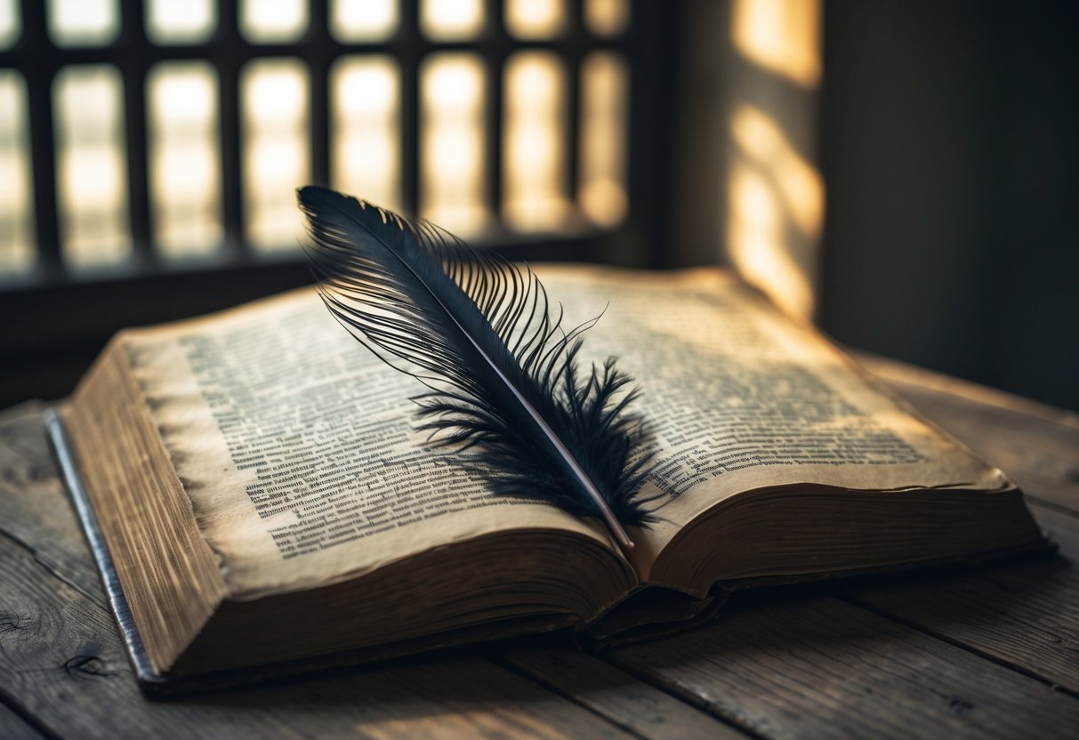 An open book with a black feather on its pages on a wooden table, with window bars casting shadows in the background.