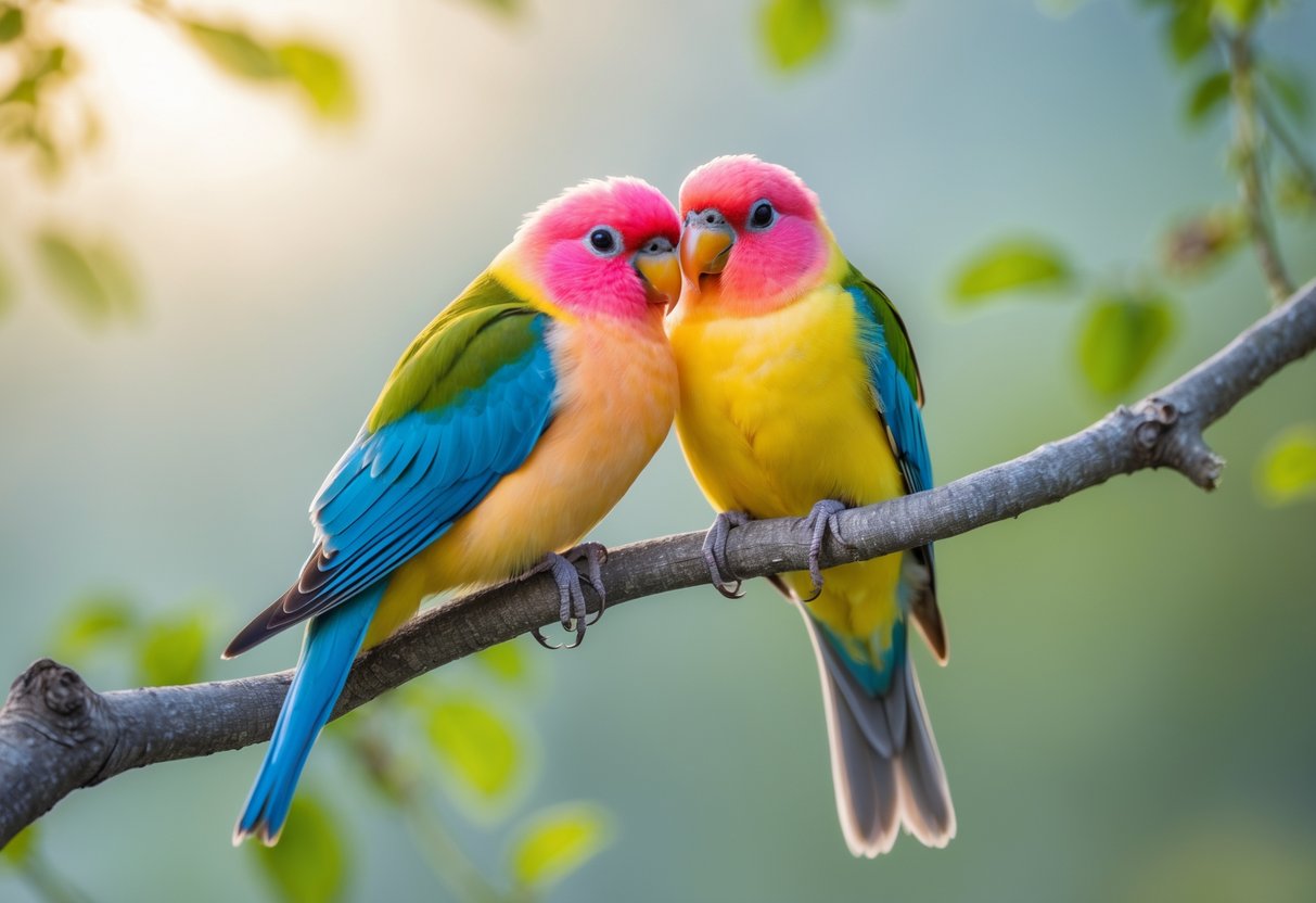 Two colorful lovebirds perched closely together on a tree branch surrounded by green leaves.