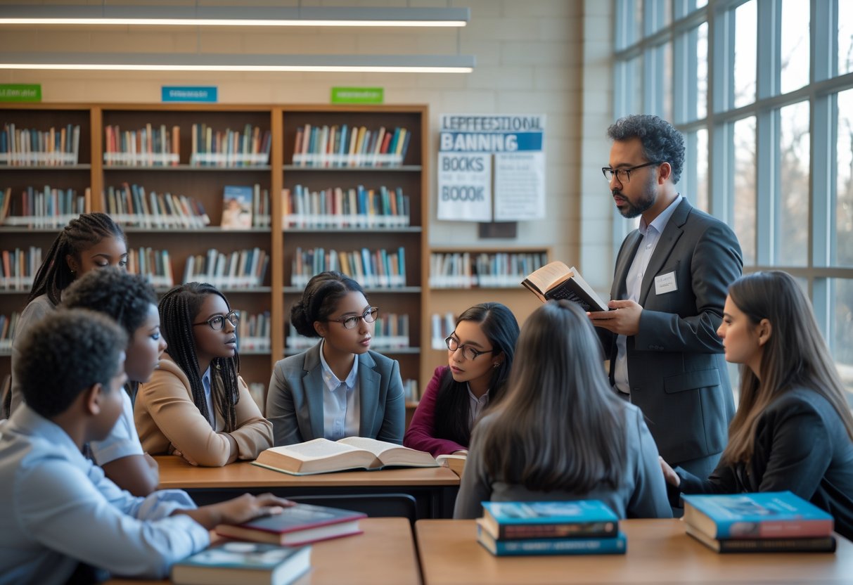 A librarian talks with students in a school library surrounded by bookshelves and natural light.