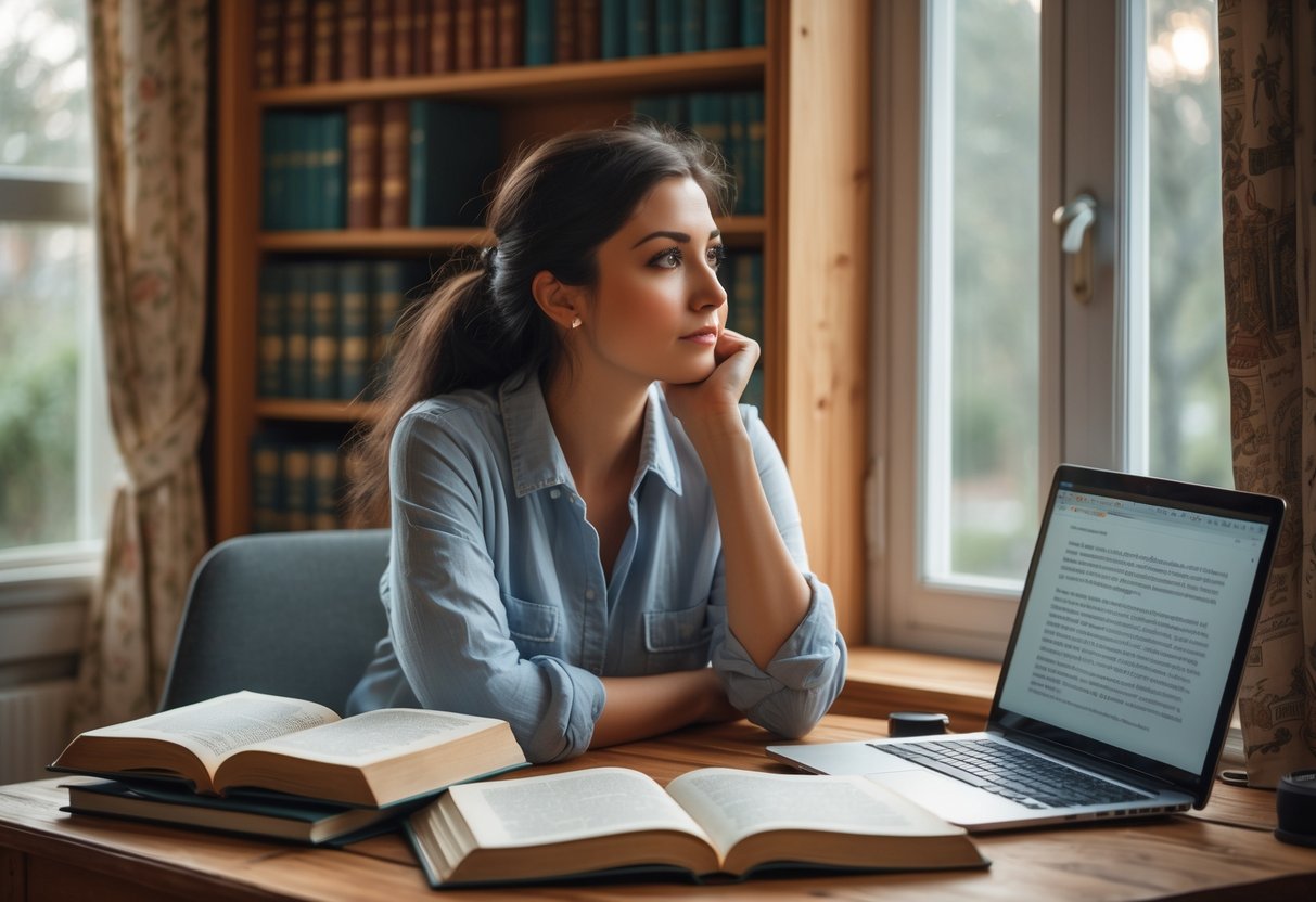 A young woman sitting at a desk surrounded by books and a laptop, looking thoughtfully out of a window in a cozy room.