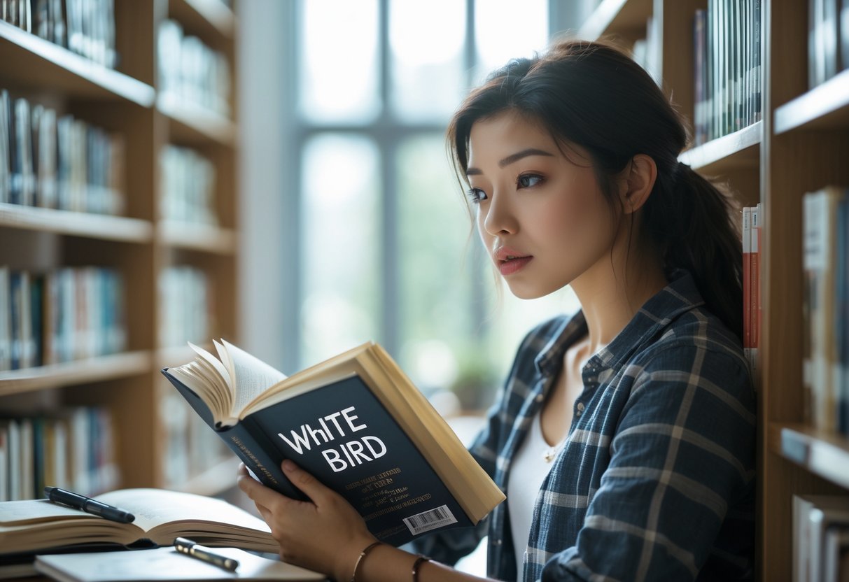 A young woman reading a book in a bright library, looking thoughtful and engaged.
