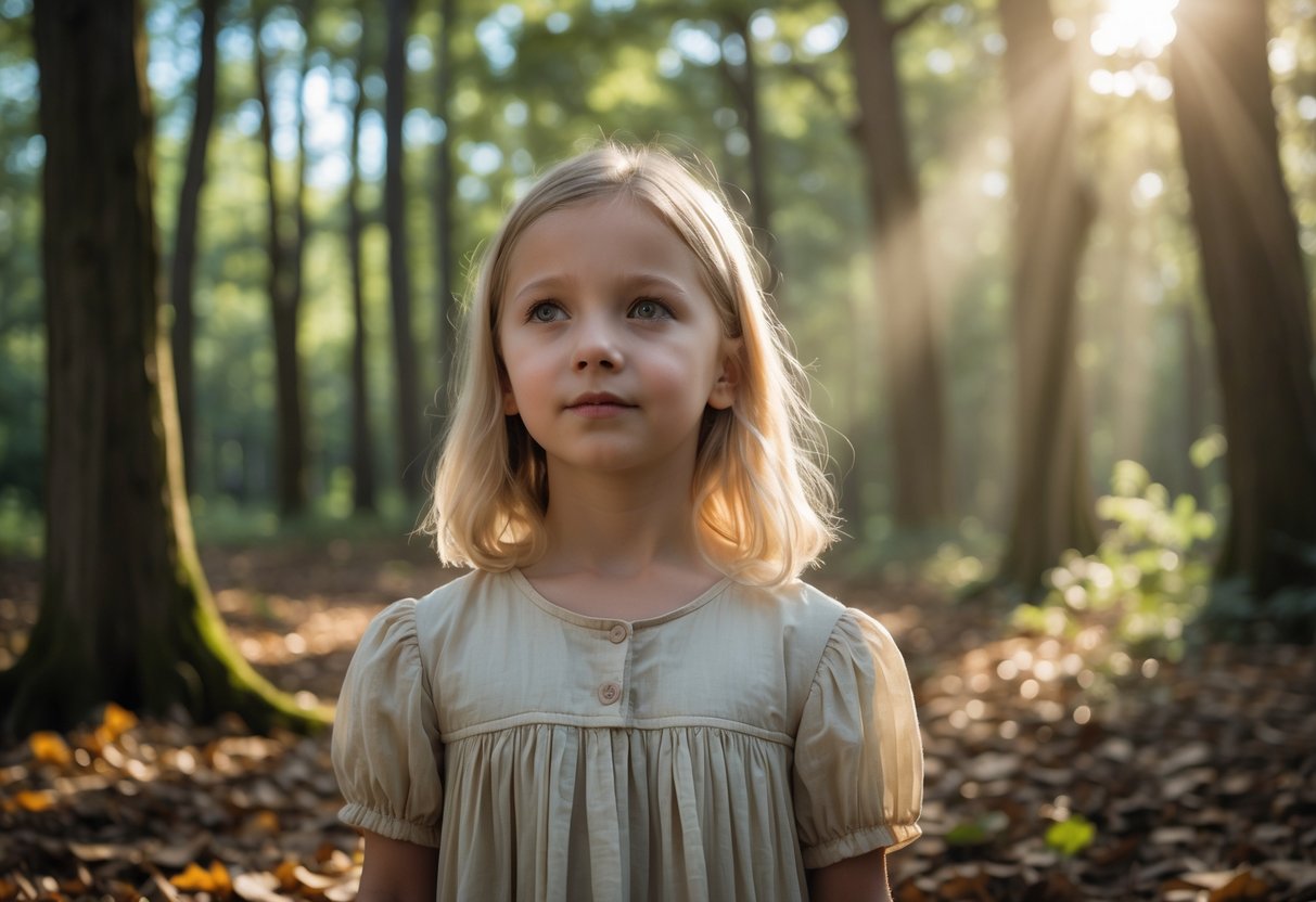 A young blonde girl stands thoughtfully in a sunlit forest clearing surrounded by tall trees and fallen leaves.
