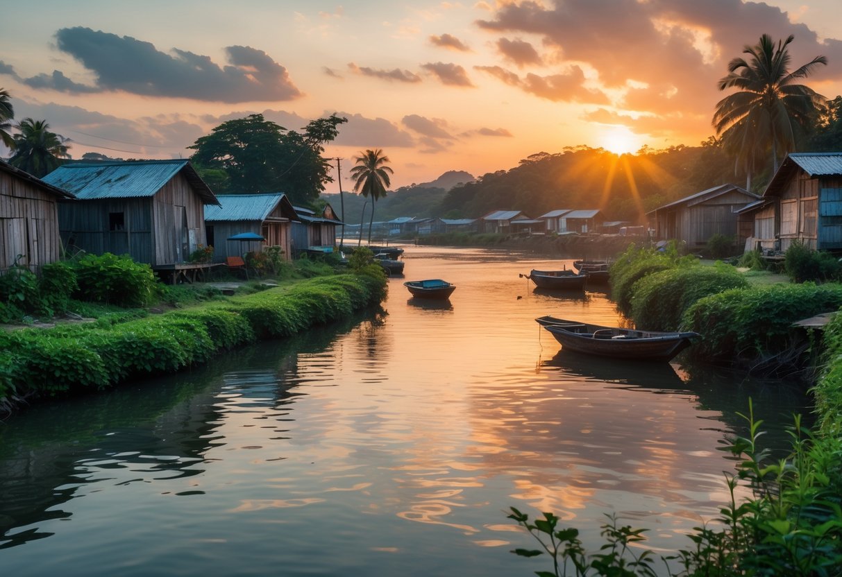 A calm river at sunset with wooden houses and fishing boats along the shore surrounded by greenery.