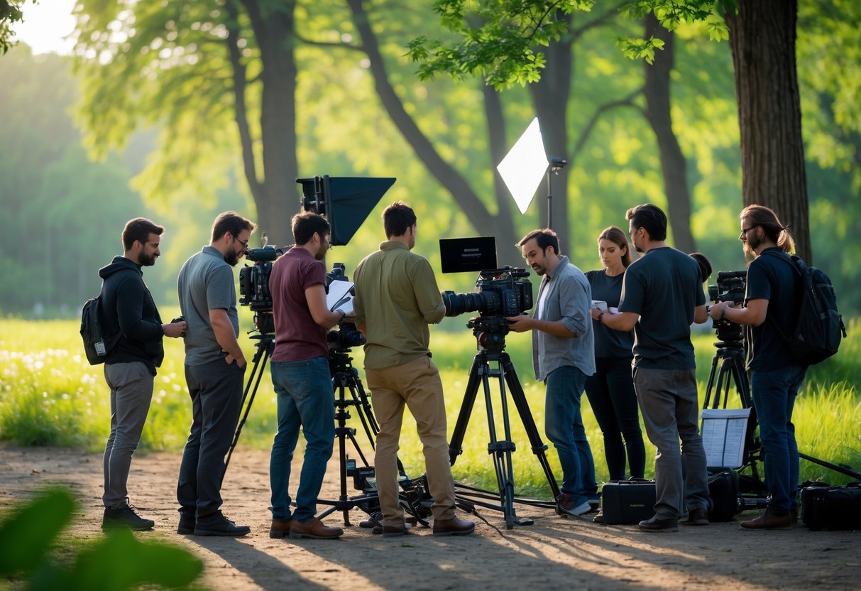 A film crew working outdoors in a green park with trees, setting up cameras and equipment for a movie shoot.