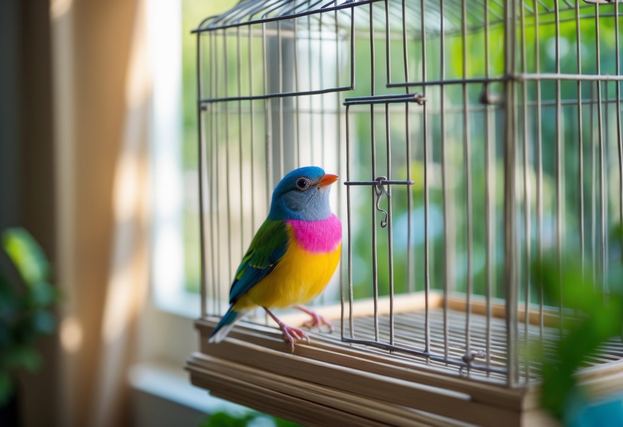 A small colorful bird inside a birdcage near a window, looking outward hesitantly.