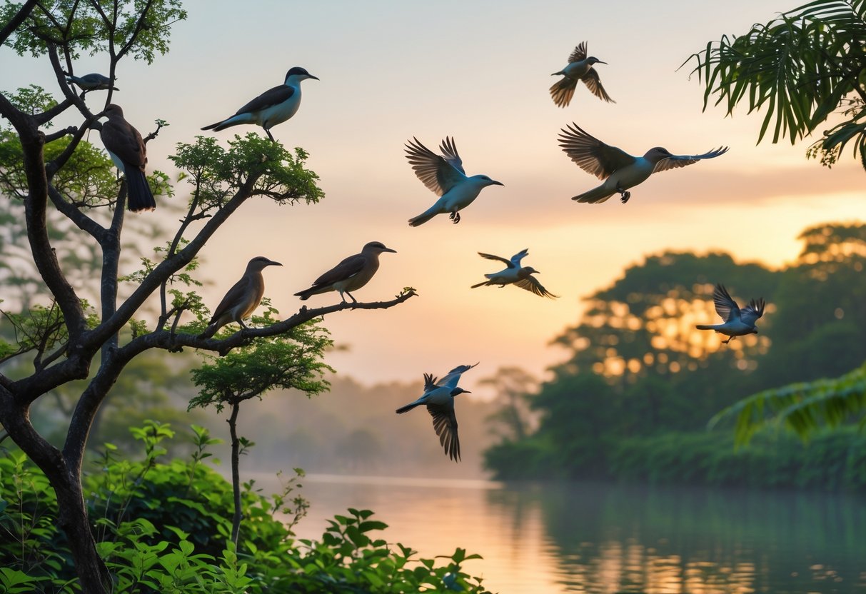 Several birds perched on tree branches and flying over a calm body of water surrounded by green trees during sunset.