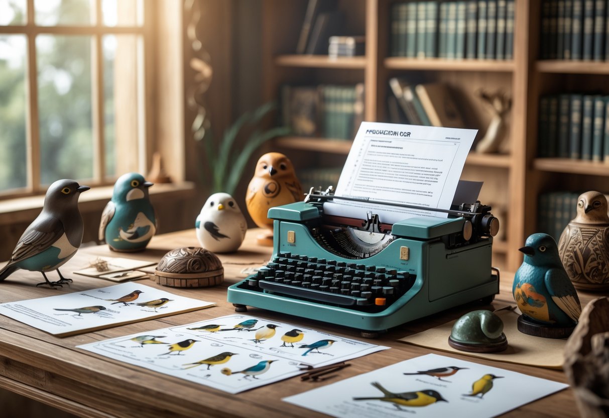 A workspace with film notes, bird storyboards, cultural artifacts, and books about birds and storytelling on a wooden desk.