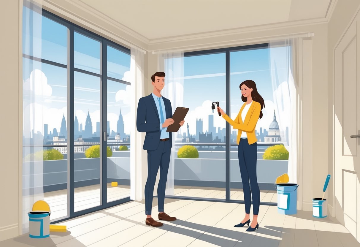 A landlord and tenant in a bright London apartment with freshly painted walls, the landlord holding a clipboard and the tenant handing over keys.