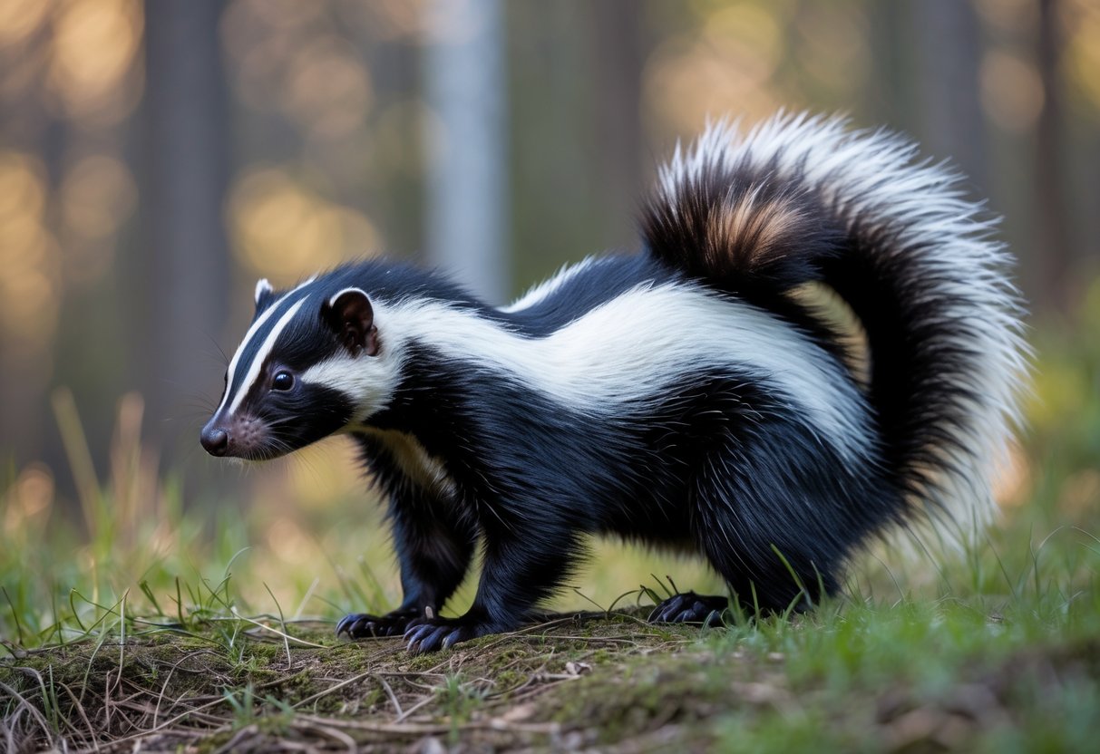 A skunk standing on grass with a forest background, showing its black and white fur.