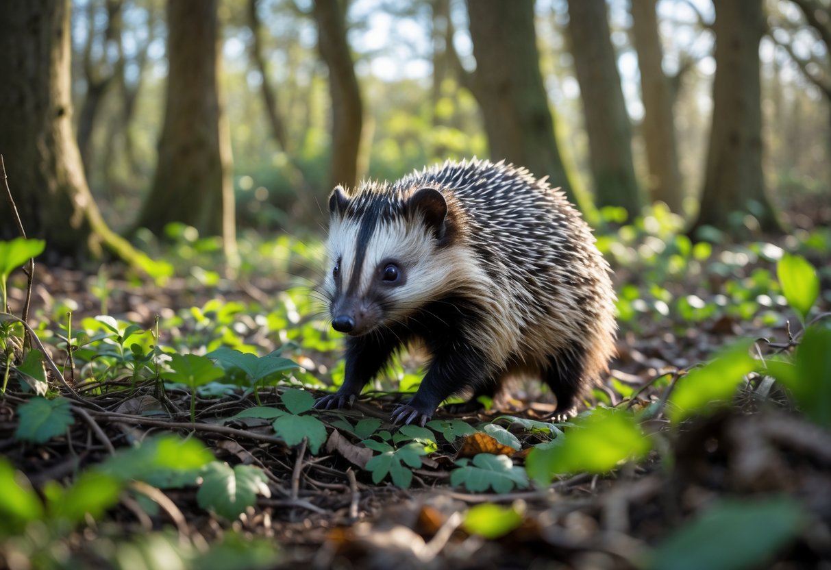 A small native British mammal foraging on the forest floor surrounded by green plants and trees.