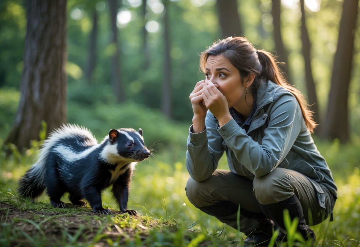 A woman outdoors holding her nose while looking at a skunk in a forest.