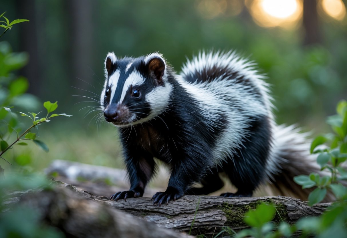 A skunk standing in a natural outdoor setting with green foliage in the background.