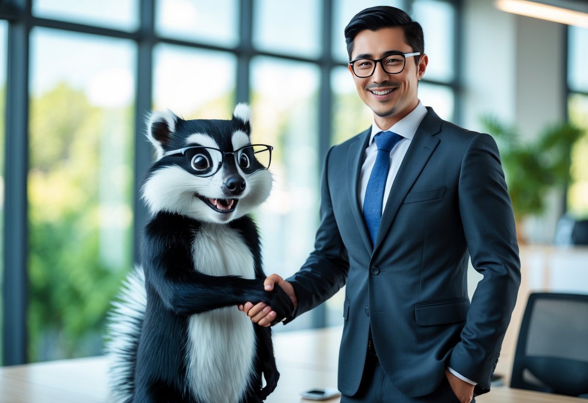 A businessperson shakes hands with a cartoon skunk in a modern office.