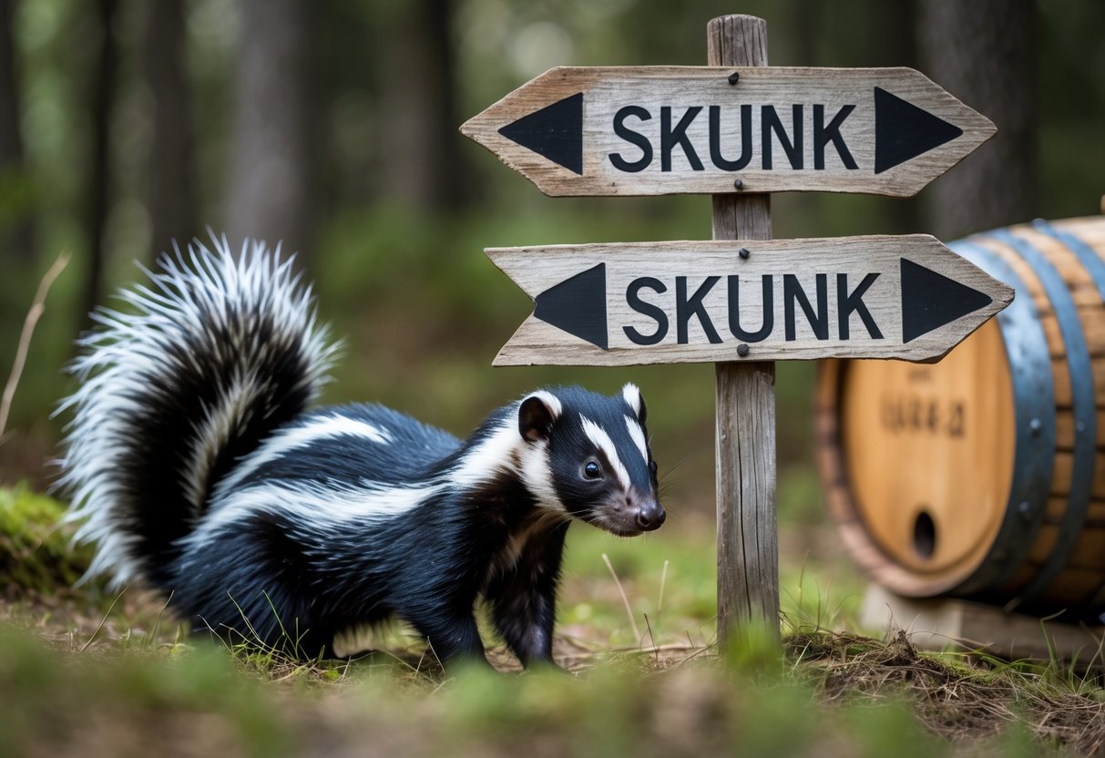 A close-up of a skunk in a forest near a wooden signpost with two arrows pointing in different directions, one toward the skunk and one toward a barrel.