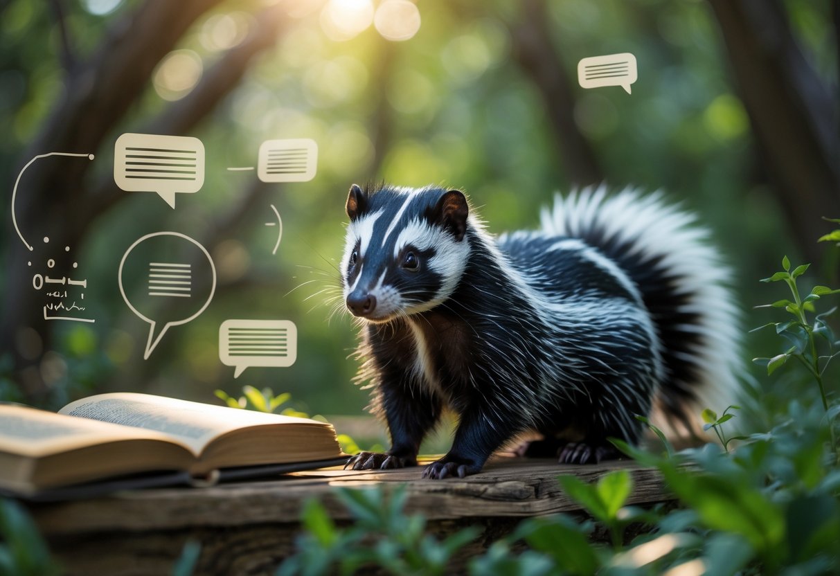 A skunk standing in a green forest setting with books and symbols of communication softly visible in the background.