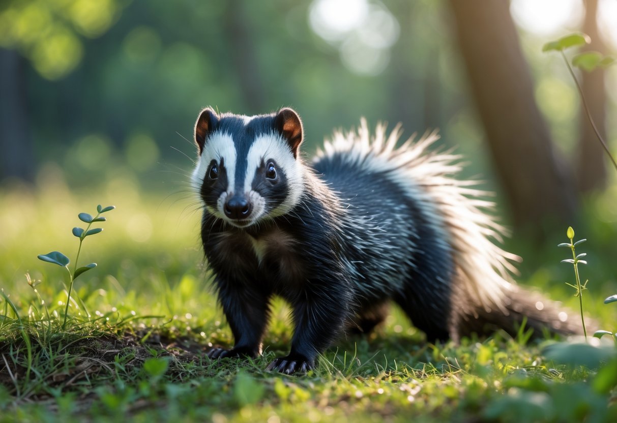 A skunk standing on grass in a natural outdoor setting looking calmly toward the camera.