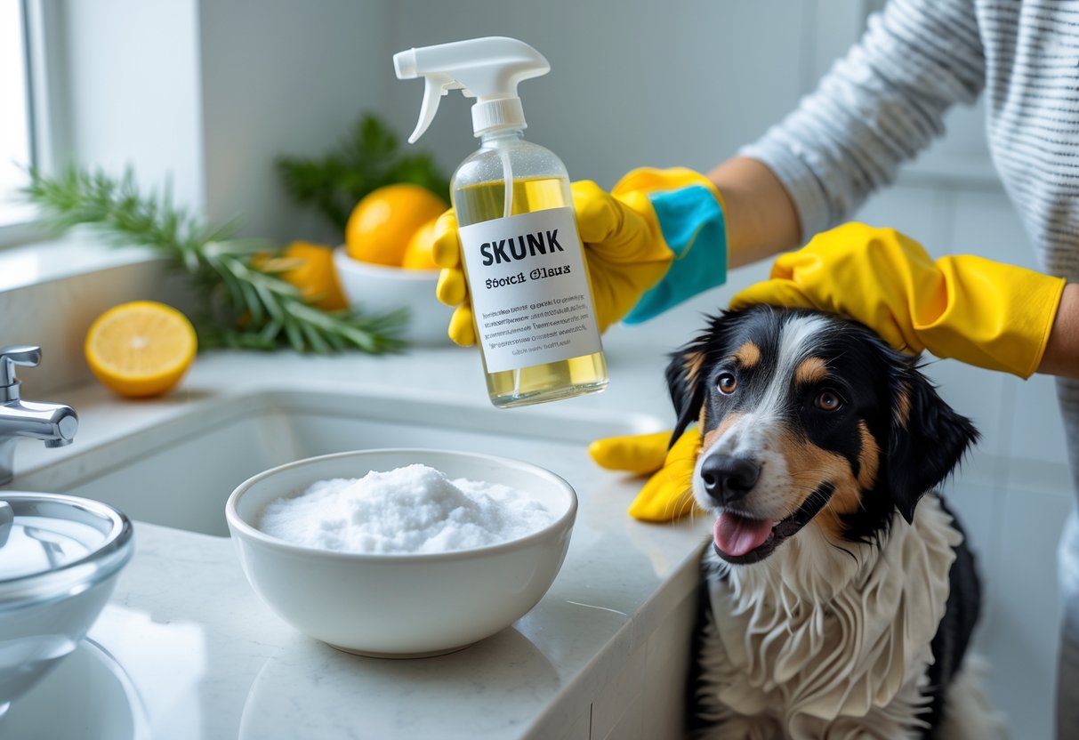 A person wearing gloves sprays a natural cleaning solution near a freshly washed dog drying off with a towel in a bright bathroom.
