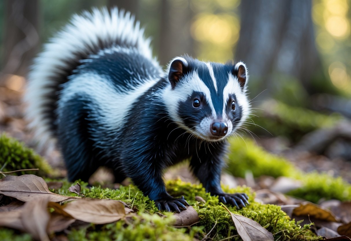A skunk standing calmly on moss and leaves in a forest setting.