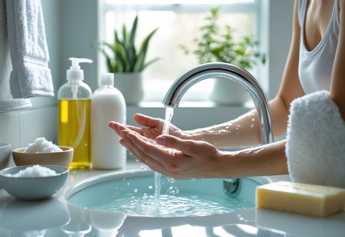 Person washing hands at a bathroom sink with natural cleaning products on the counter.