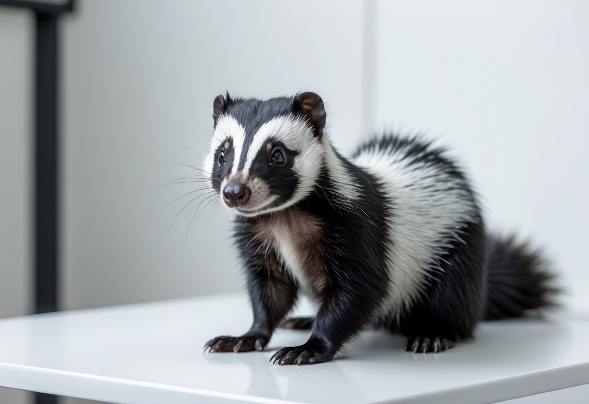 A pet skunk sitting calmly on a white surface looking towards the camera.