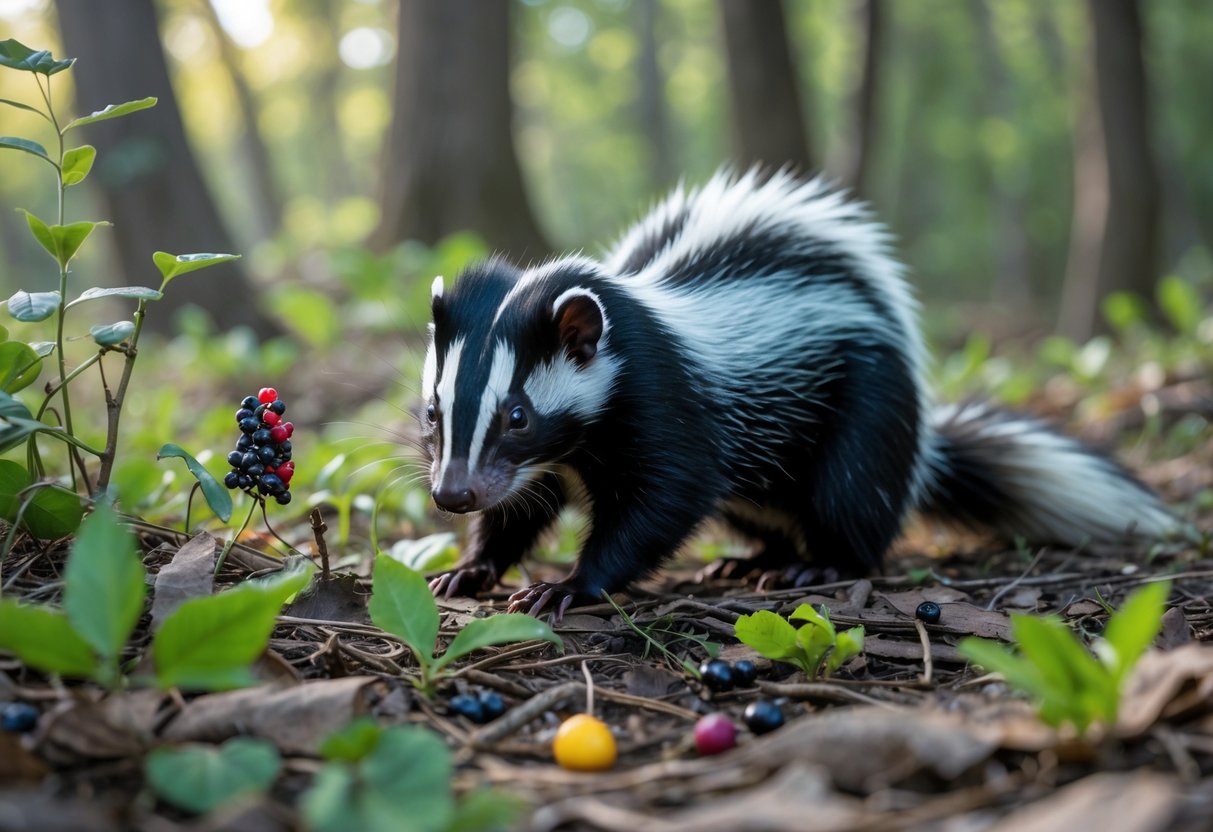 A skunk foraging on the forest floor among plants, insects, and berries.