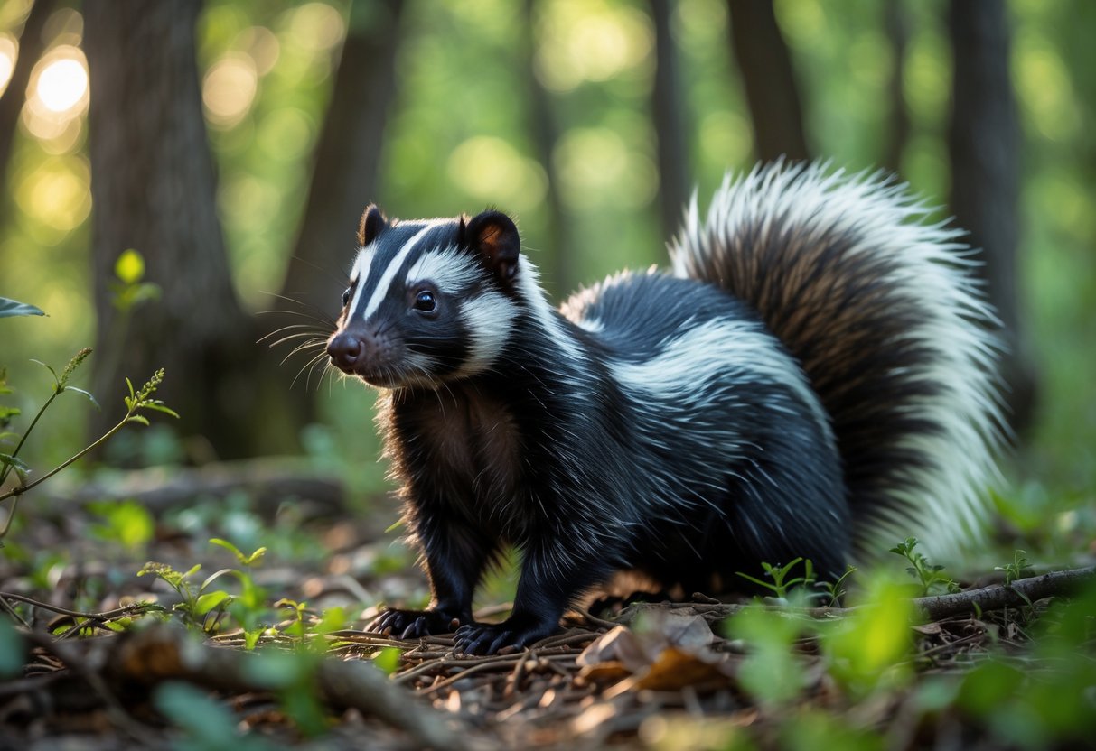 A skunk standing on the forest floor surrounded by green plants and trees.