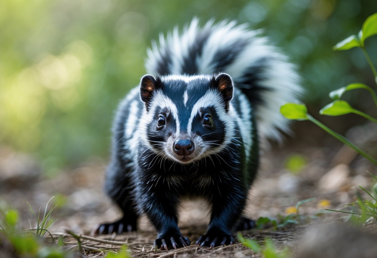 Close-up of a skunk with black and white fur standing outdoors with green blurred background.
