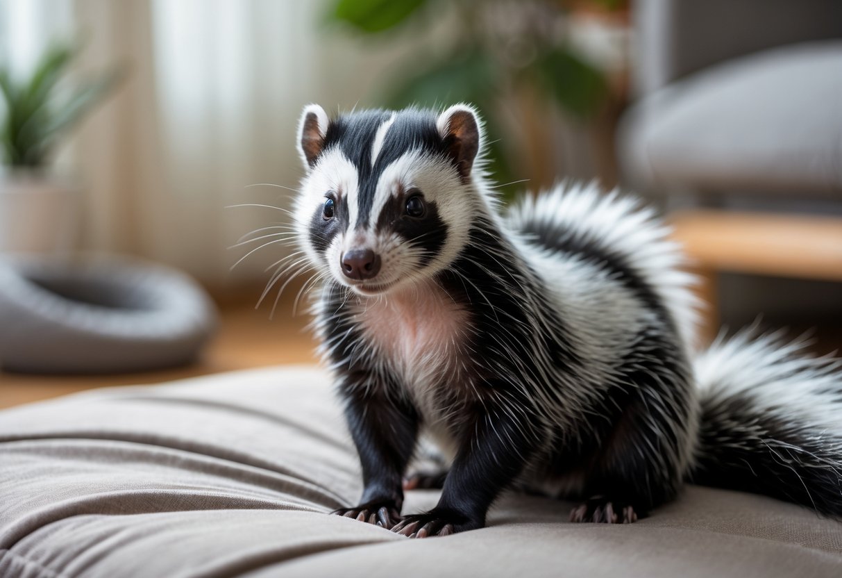A pet skunk sitting calmly on a soft surface indoors with a blurred background.