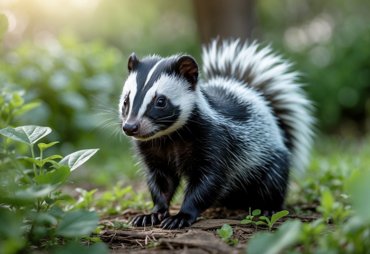 A skunk standing on grass in a garden with green plants in the background.