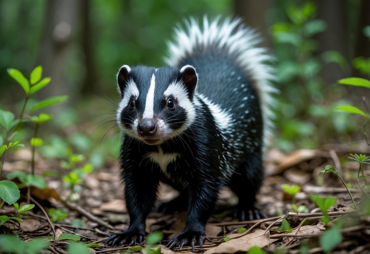 A skunk standing on a forest floor with green plants in the background.
