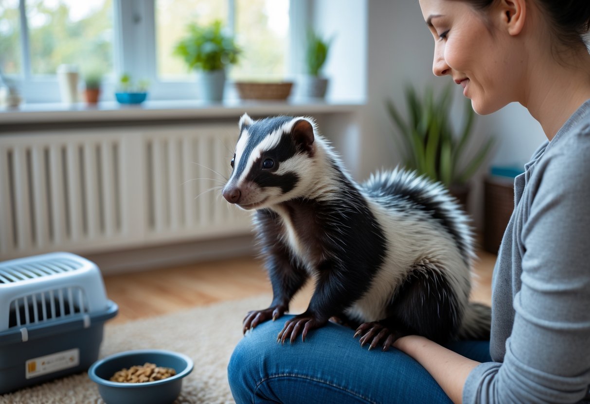 A person gently holding a calm skunk in a well-lit living room with pet care items nearby.