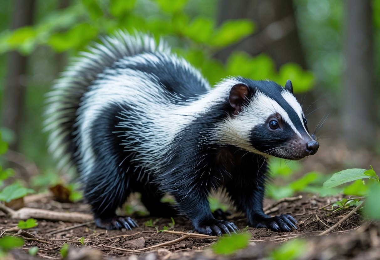A skunk standing on soil with green plants in the background.