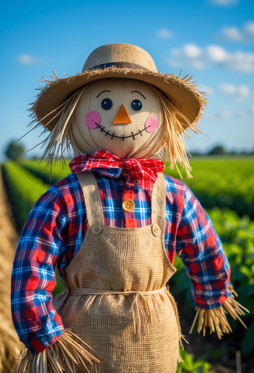 A classic farmer scarecrow with a straw-stuffed burlap body and plaid shirt standing in a green field under a clear blue sky.