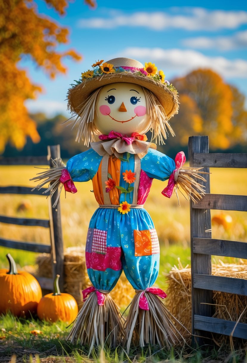 A colorful scarecrow dressed in patchwork clothes stands in a field surrounded by pumpkins and hay bales under a clear sky.