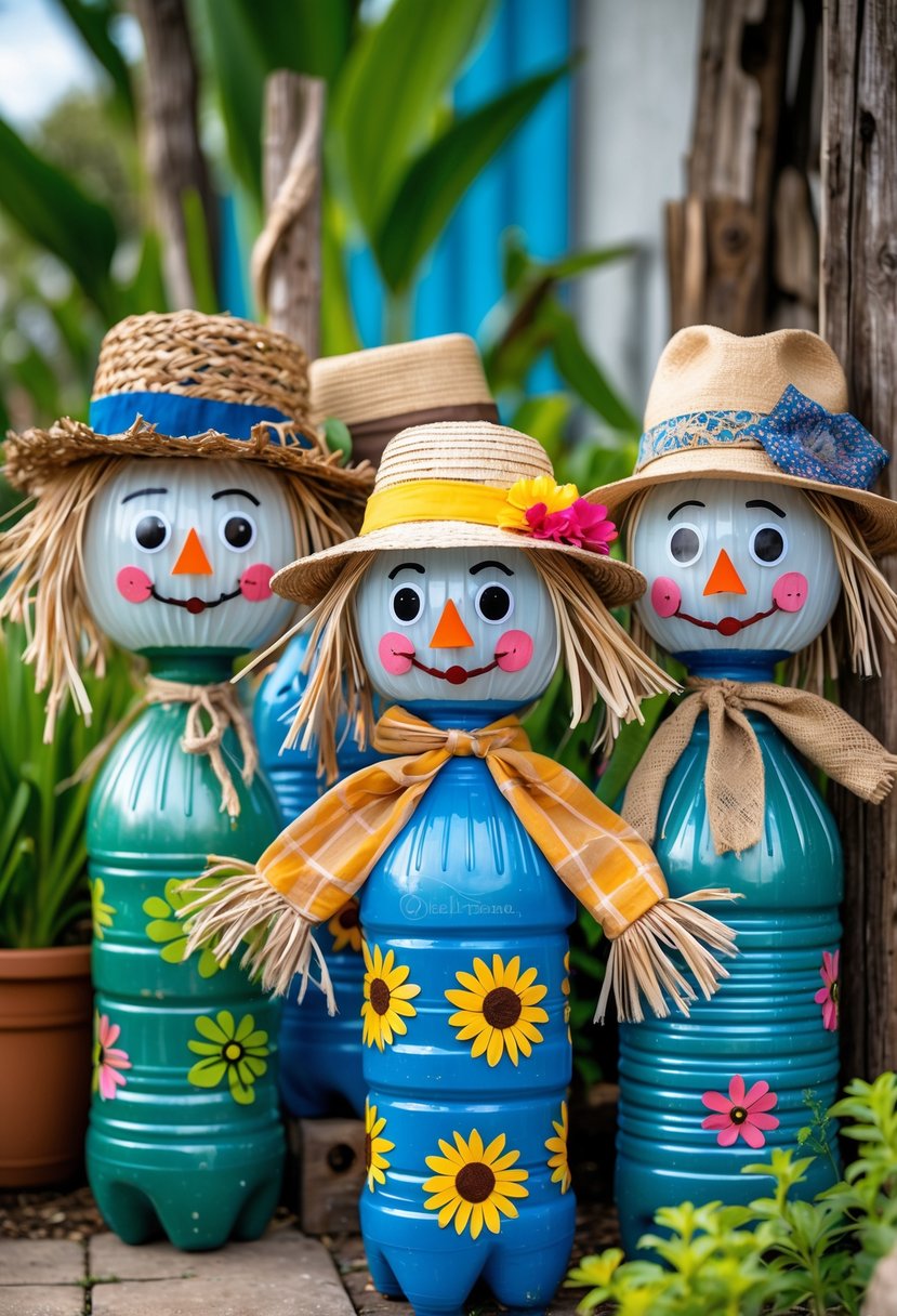A group of scarecrows made from recycled plastic bottles with painted faces and hats displayed outdoors in a garden.