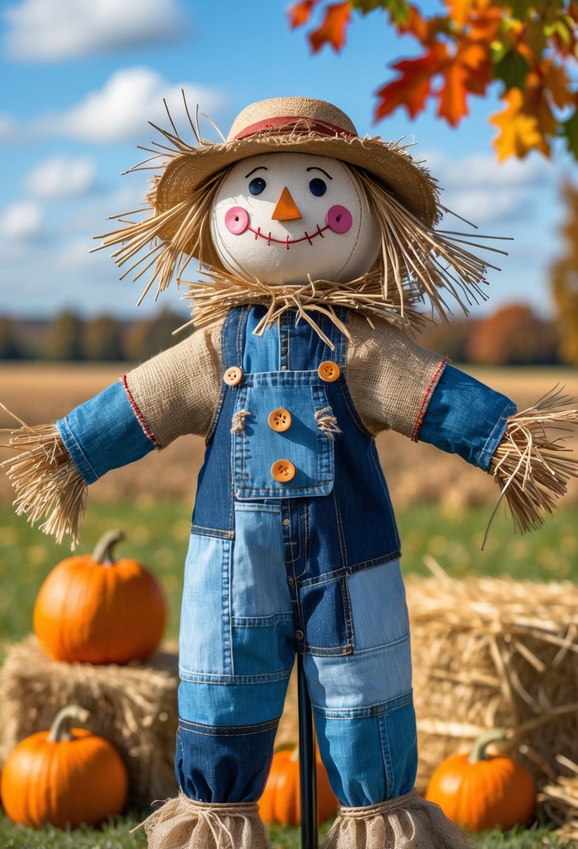 A scarecrow made of patchwork denim and burlap standing outdoors among pumpkins and autumn leaves.