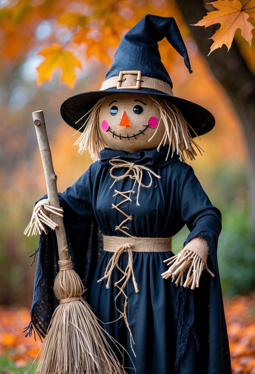 A scarecrow dressed as a witch wearing a black hat and holding a broom, standing outdoors surrounded by autumn leaves.